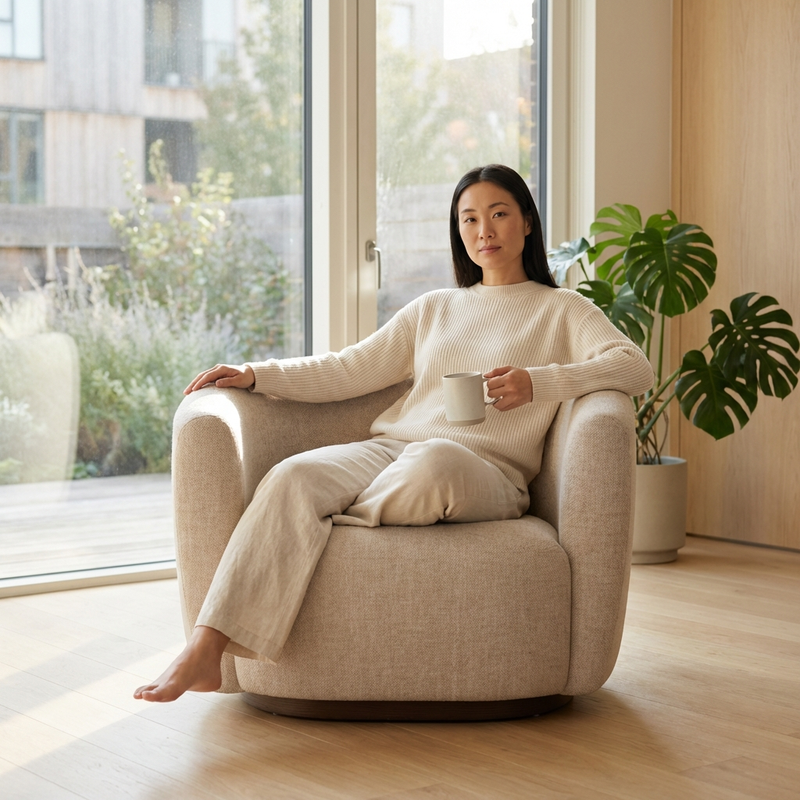 Woman sitting in a beige armchair holding a cup, with large windows and plants in the background
